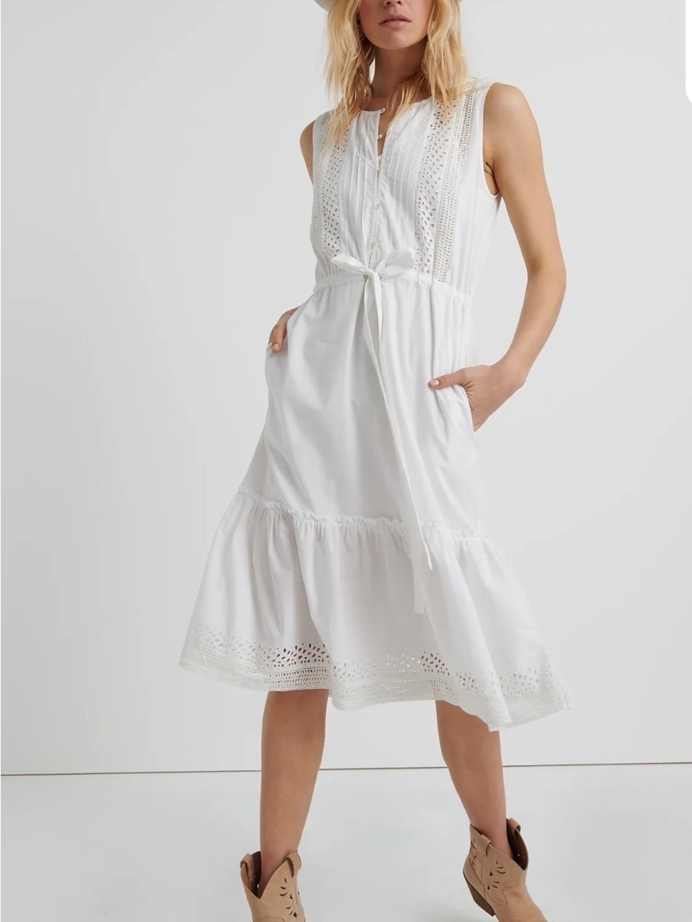 Lucky Brand White Sleeveless Eyelet Midi Dress with Drawstring Waist M